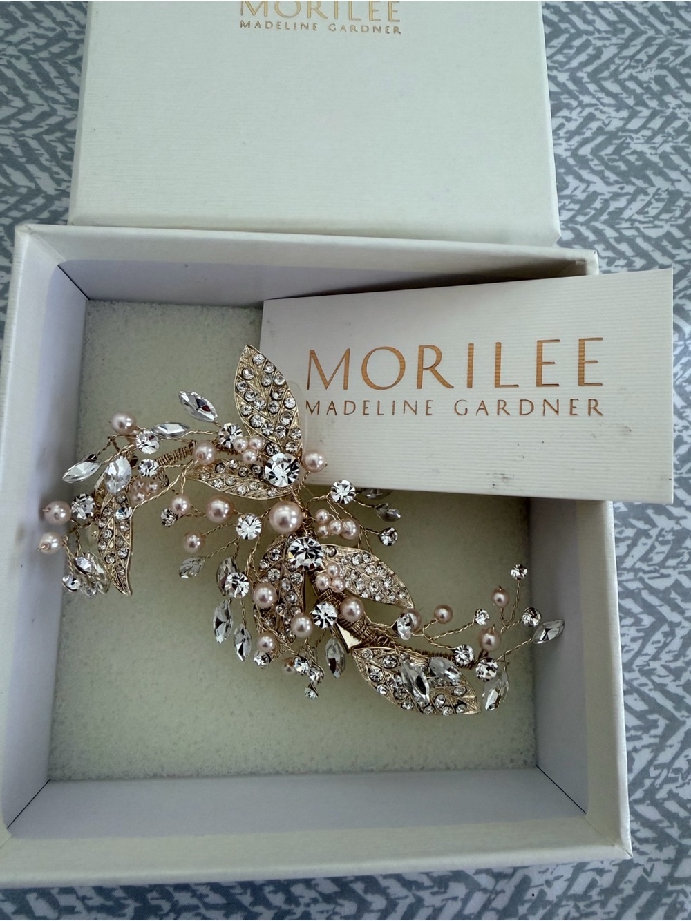 Morilee Pink Pearl & Crystal Gold Leaf Bridal Hair Vine